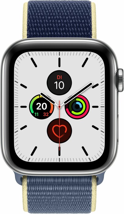 Apple Watch Series 5 (GPS + Cellular) 44mm Edelstahl silber mit Sport Loop alaskablau