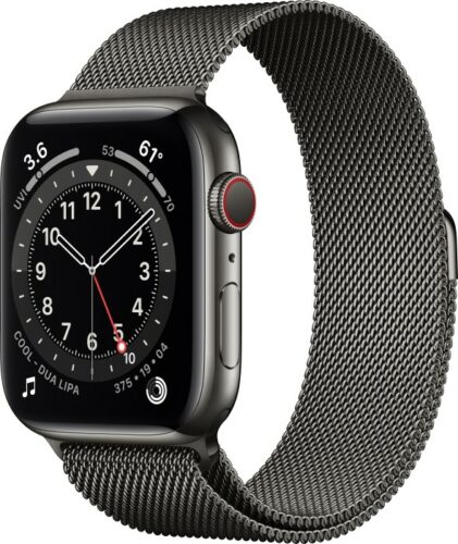 Apple Watch Series 6 (GPS + Cellular) 44mm Edelstahl graphit mit Sportarmband schwarz (M09H3FD)